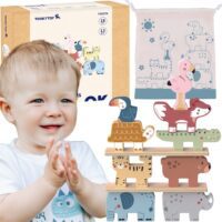 TOOKY TOY Drewniane Klocki Układanka Wieża Stacker Stosy Zwierzątka Montessori 13 el.